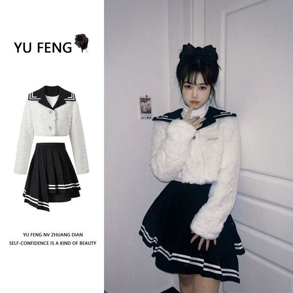 two piece dress sailor collar college style women plush patchwork coat aline pleat skirt gold foreign twopiece suit y2k sets 230216, White
two piece dress sailor collar college style women plush patchwork coat aline pleat skirt gold foreign twopiece suit y2k sets 230216, White
