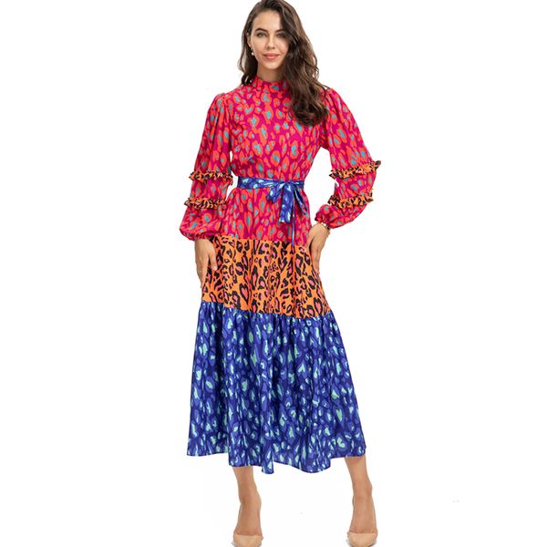 women's runway dresses stand collar long sleeves printed floral sash belt fashion designer vestidos, Black
women's runway dresses stand collar long sleeves printed floral sash belt fashion designer vestidos, Black