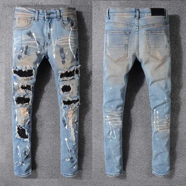 men's jeans man jeans spray on paint pants with holes knee ripped rivet patch skinny slim straight leg for mens blue classic trousers s
men's jeans man jeans spray on paint pants with holes knee ripped rivet patch skinny slim straight leg for mens blue classic trousers s