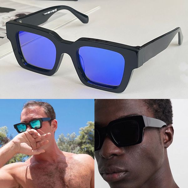 

squared acetate frame sunglasses for men black blue lenses white arrows logo shades designer womens most iconic eyewear style ori012 uv prot, White;black