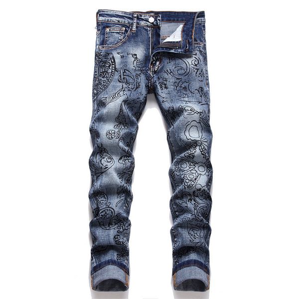 men's jeans embroidered cartoon printed highend italian style soft casual cotton elastic 3d portrait autumn and winter23 230217, Blue 
men's jeans embroidered cartoon printed highend italian style soft casual cotton elastic 3d portrait autumn and winter23 230217, Blue