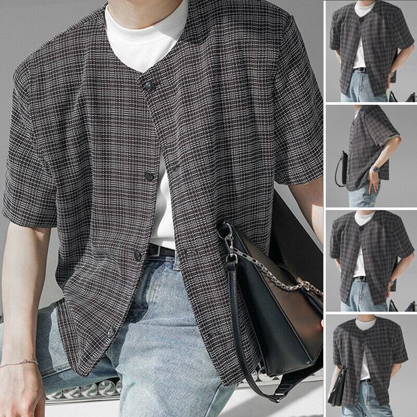 men's short sleeve vintage crew neck button up shirts casual holiday beach, White;black
men's short sleeve vintage crew neck button up shirts casual holiday beach, White;black