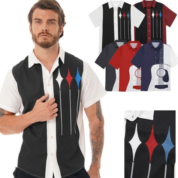 men retro button down shirts casual printed short sleeve bowling camp shirt, White;black
men retro button down shirts casual printed short sleeve bowling camp shirt, White;black