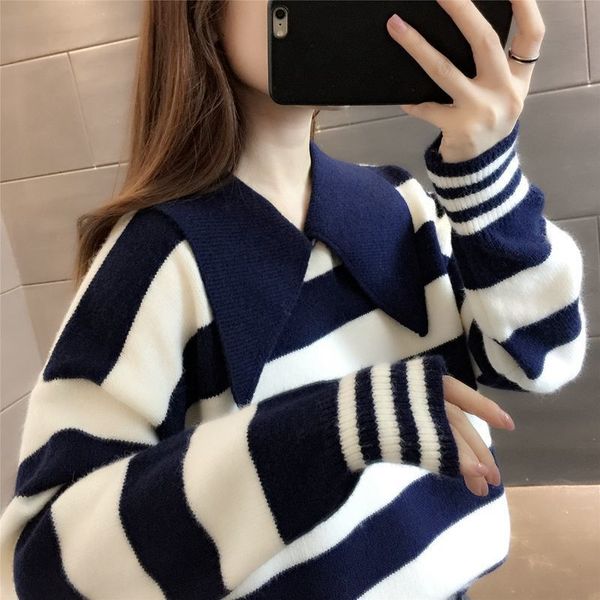 women s sweaters stylish lapel spliced korean striped clothing autumn loose casual pullovers all match office lady 230217, White;black
women s sweaters stylish lapel spliced korean striped clothing autumn loose casual pullovers all match office lady 230217, White;black