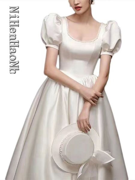 party dresses french style white satin wedding puff sleeve backless lace up floor length gowns female classic formal vestido 230217, White;black
party dresses french style white satin wedding puff sleeve backless lace up floor length gowns female classic formal vestido 230217, White;black