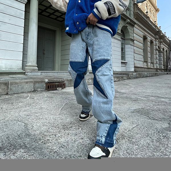 men's jeans stars patch design men hip hop splicing straight flare mens retro washed ripped oversized casual tassel denim trousers 2302, Blue
men's jeans stars patch design men hip hop splicing straight flare mens retro washed ripped oversized casual tassel denim trousers 2302, Blue