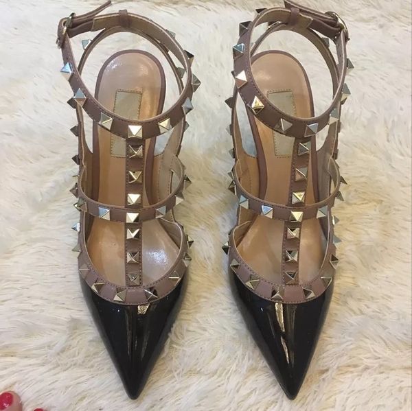 women's high heels dress shoes designer patent leather riveted sandals buckle strap 9.5cm high heels party wedding shoes factory shoes, Black
women's high heels dress shoes designer patent leather riveted sandals buckle strap 9.5cm high heels party wedding shoes factory shoes, Black