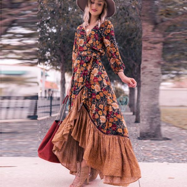 

casual dresses happie queens women floral print long sleeve irregular hem beach bohemian maxi dress ladies boho sundress robe vestidos 23021, Black;gray