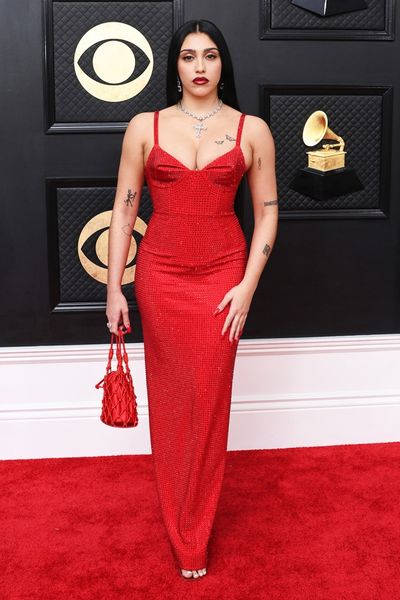 lourde leon wore a long dress with red suspenders and diamonds at the grammy awards in 2023., Black;pink
lourde leon wore a long dress with red suspenders and diamonds at the grammy awards in 2023., Black;pink