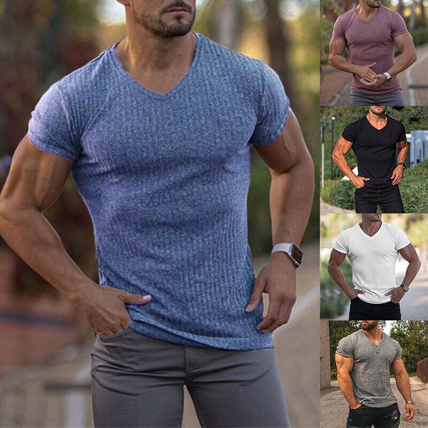 men v neck short sleeve t shirt slim fit stretch sport gym muscle tee tunic, White;black
men v neck short sleeve t shirt slim fit stretch sport gym muscle tee tunic, White;black