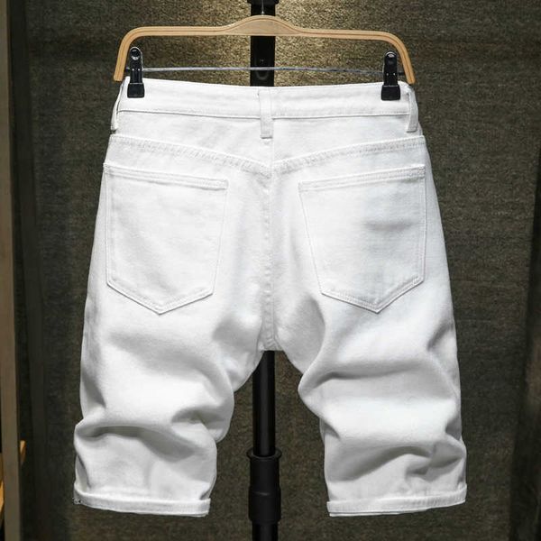 men's shorts new white jeans shorts men ripped hole frayed knee length classic simple fashion casual slim denim shorts male j230218, White;black