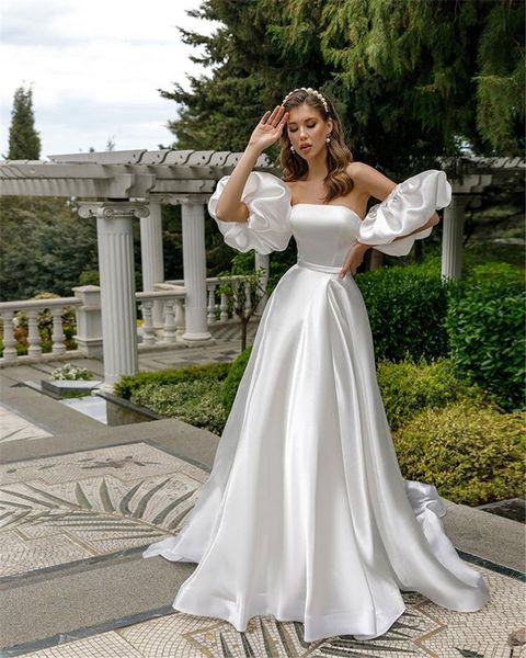 party dresses removable puff sleeve satin wedding high slit side a line simple custom made plus size bridal with court train 230217, White;black
party dresses removable puff sleeve satin wedding high slit side a line simple custom made plus size bridal with court train 230217, White;black