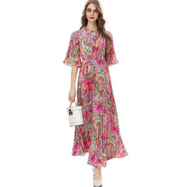 women's runway dresses o neck 3/4 sleeves pleated floral printed elegant fashion prom vestidos, Black
women's runway dresses o neck 3/4 sleeves pleated floral printed elegant fashion prom vestidos, Black