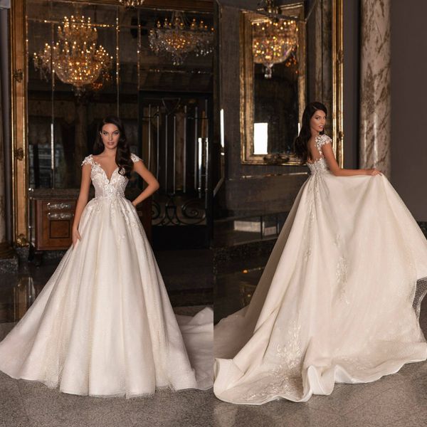glamorous a-line wedding dresses v-neck short sleeves backless applicants on chapel gown custom made plus size bridal dress vestidos de novi, White
glamorous a-line wedding dresses v-neck short sleeves backless applicants on chapel gown custom made plus size bridal dress vestidos de novi, White