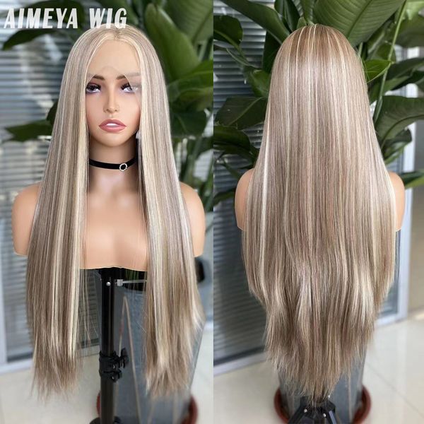 

human hair wigs aimeya blonde highlight synthetic lace front glueless silky straight natural line for women 230217, Black
