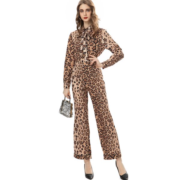 women's runway two piece pants long sleeves lace up collar leopard printed shirt with long pant fashion twinset sets, White
women's runway two piece pants long sleeves lace up collar leopard printed shirt with long pant fashion twinset sets, White