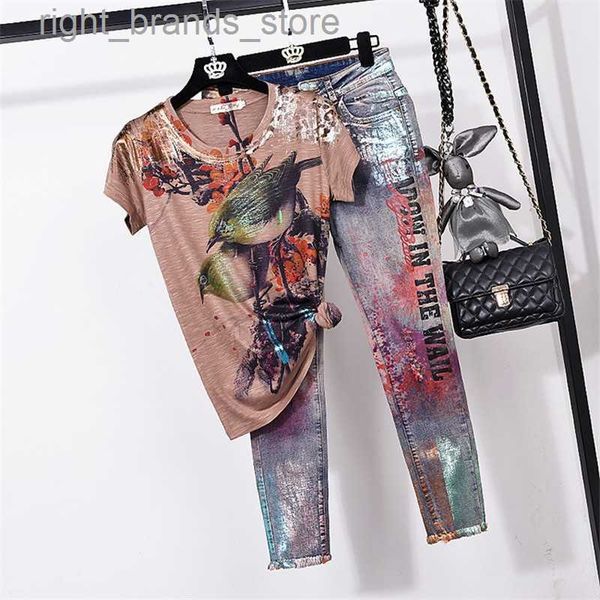 women's tracksuits summer vintage print tshirt pencil denim pants 2 piece set women loose short sleeve t shirt jeans suit female fashio, Gray
women's tracksuits summer vintage print tshirt pencil denim pants 2 piece set women loose short sleeve t shirt jeans suit female fashio, Gray