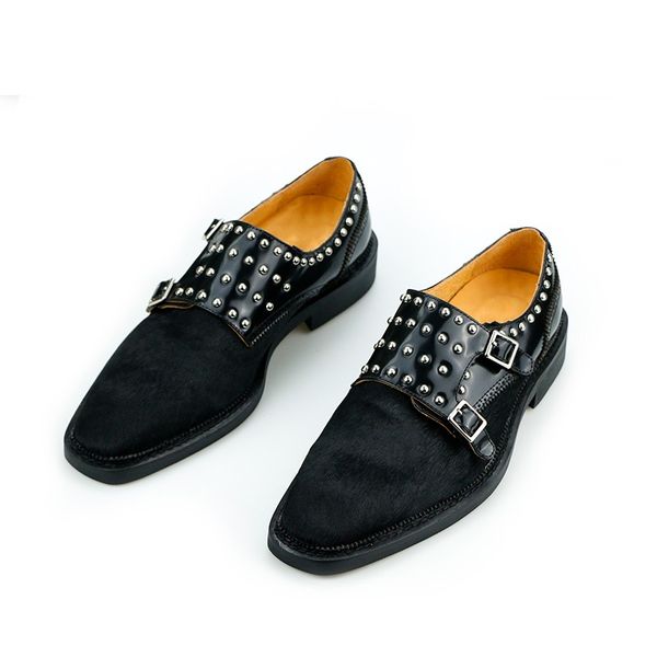 

horbit fur monk strap shoes handmade rivets derby shoes gentlemen formal business shoes mens oxfords, Black