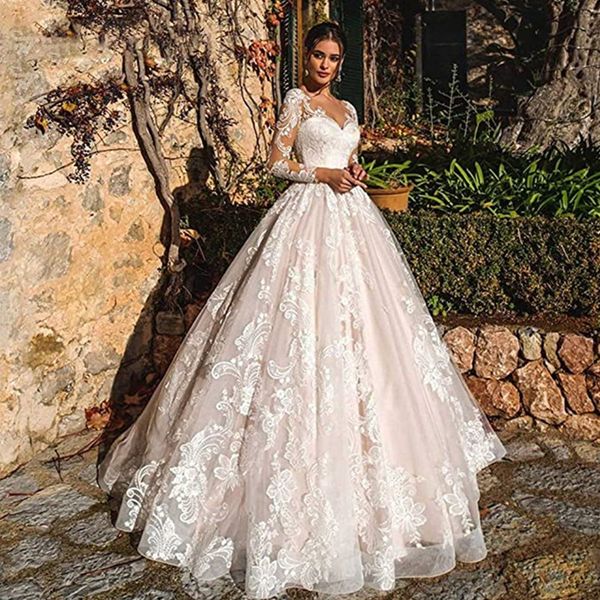 2023 new arrival a line wedding dresses sheer scoop neck long sleeves tulle lace appliques sweep train plus size bridal gowns, White
2023 new arrival a line wedding dresses sheer scoop neck long sleeves tulle lace appliques sweep train plus size bridal gowns, White