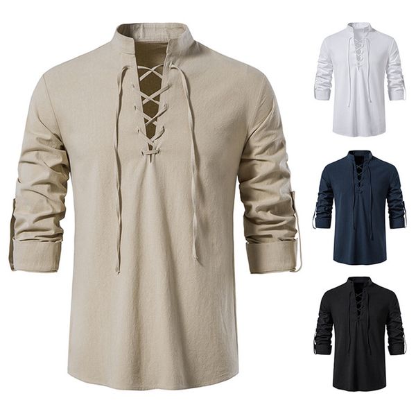 men long sleeve stand collar drawstring lace-up pirate shirt summer t-shirt, White;black
men long sleeve stand collar drawstring lace-up pirate shirt summer t-shirt, White;black