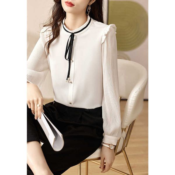 zhenxi new fashion standing neck bow ribbon women's organ pleated long sleeve workplace shirt, White
zhenxi new fashion standing neck bow ribbon women's organ pleated long sleeve workplace shirt, White