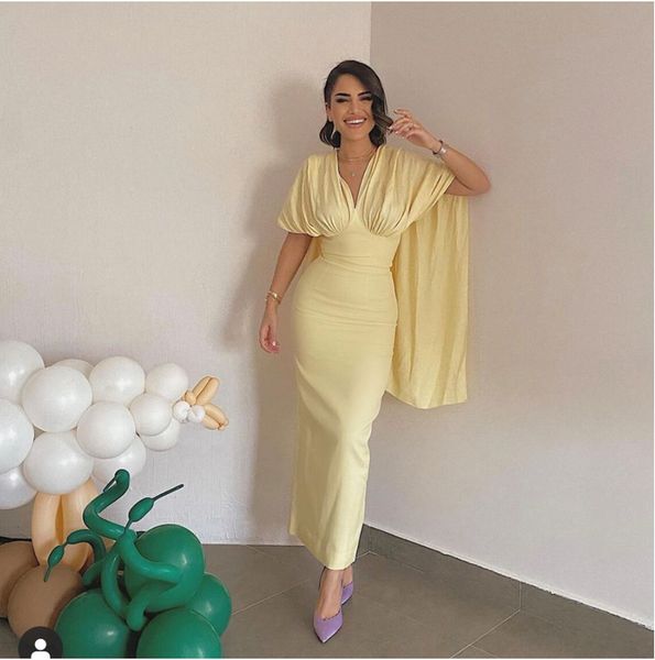 simple lemon yellow silk satin evening party dresses with cape sleeves v neck ankle length dubai women formal prom gown, Black;red
simple lemon yellow silk satin evening party dresses with cape sleeves v neck ankle length dubai women formal prom gown, Black;red