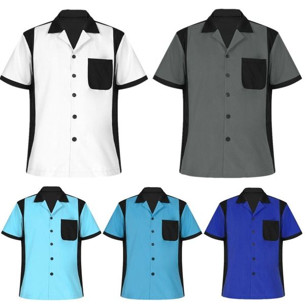 men's camp shirt short sleeve retro bowling rockabilly shirt casual button down, White;black
men's camp shirt short sleeve retro bowling rockabilly shirt casual button down, White;black