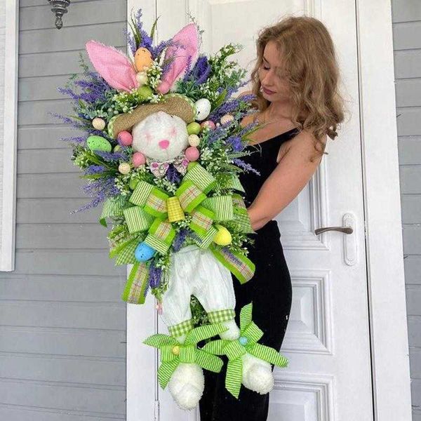 Decorative Flowers Wreaths 2023 Easter Bunny Wreath Colorful Door Wall Oranments Happy Easter Rabbit Home Party Creative Garland Festival Decoration L260604