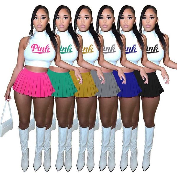 women two piece dress set summer designer 2023 new letter printed sleeveless t-shirt pleated skirt 6 colours, White
women two piece dress set summer designer 2023 new letter printed sleeveless t-shirt pleated skirt 6 colours, White