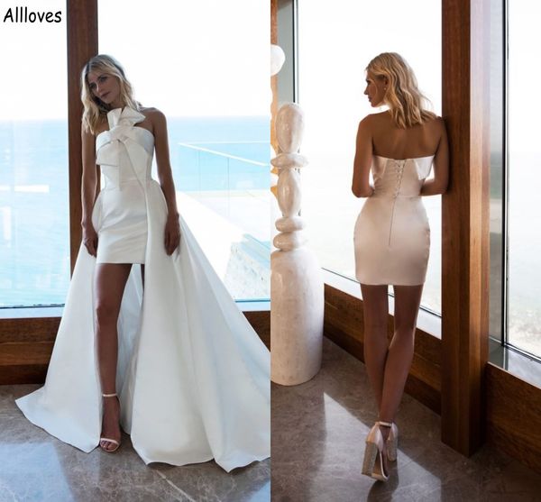 bow white satin sheath wedding dresses with detchable skirt short mini boho garden beach bridal gowns simple lace-up back second reception e
bow white satin sheath wedding dresses with detchable skirt short mini boho garden beach bridal gowns simple lace-up back second reception e