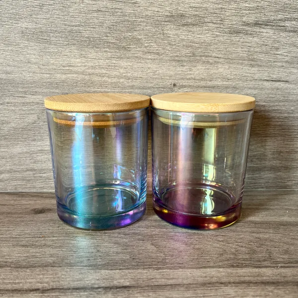 Image of 11oz Iridescent Glass Candle Holder with Bamboo lid Blank Water Bottle DIY Candle jar