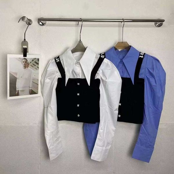 23ss brand designer long sleeve shirt fake two pieces lapel knit slip belt bubble sleeve diamond button shirts womens clothing, White
23ss brand designer long sleeve shirt fake two pieces lapel knit slip belt bubble sleeve diamond button shirts womens clothing, White