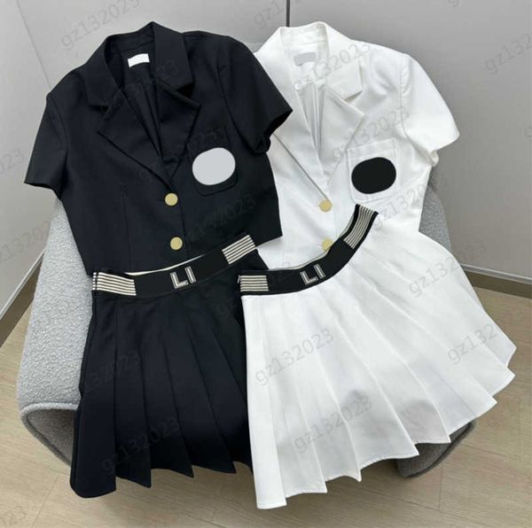 brand two piece dress single row button lapel short patchwork letter webbing elastic waist pleated skirts 2 colors two piece dress designer, White
brand two piece dress single row button lapel short patchwork letter webbing elastic waist pleated skirts 2 colors two piece dress designer, White