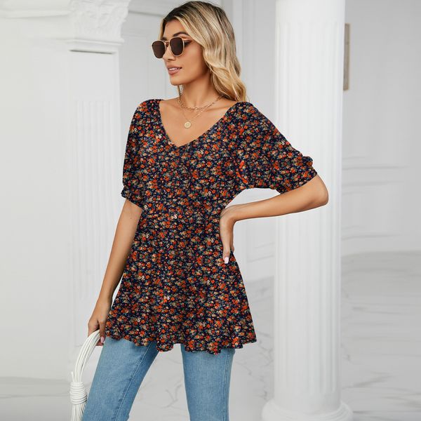 women's 2023 new style spring and summer new v-neck printed t-shirt bubble short sleeve tunic women wcd09, White
women's 2023 new style spring and summer new v-neck printed t-shirt bubble short sleeve tunic women wcd09, White