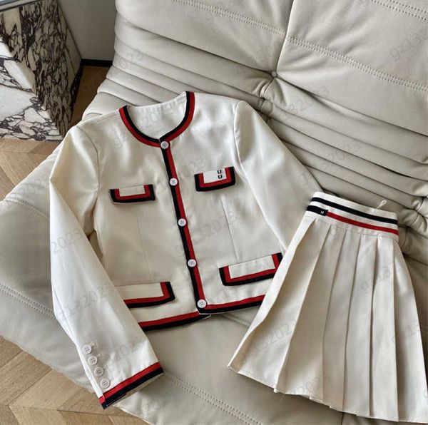 retro style two piece dress striped edge crewneck pocket long-sleeved jackets patchwork elastic webbing high waist pleated skirts designer w, White
retro style two piece dress striped edge crewneck pocket long-sleeved jackets patchwork elastic webbing high waist pleated skirts designer w, White