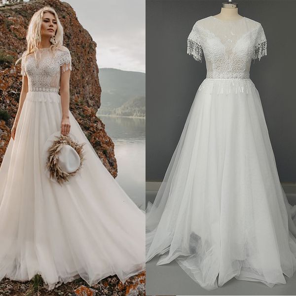party dresses bohemian boat neck lace tassel elopement wedding dress tulle a line short sleeves backless custom made boho beach bridal gowns, White;black
party dresses bohemian boat neck lace tassel elopement wedding dress tulle a line short sleeves backless custom made boho beach bridal gowns, White;black