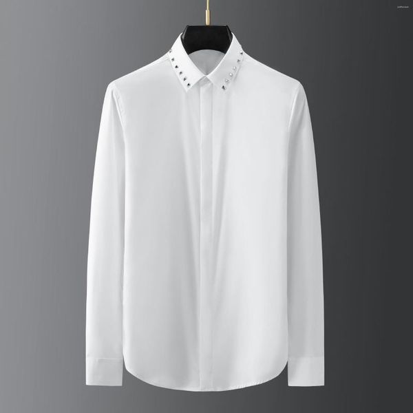 solid color male shirts luxury metal diamond rivets long sleeve casual mens dress shirts fashion slim fit party man shirt, White;black
solid color male shirts luxury metal diamond rivets long sleeve casual mens dress shirts fashion slim fit party man shirt, White;black