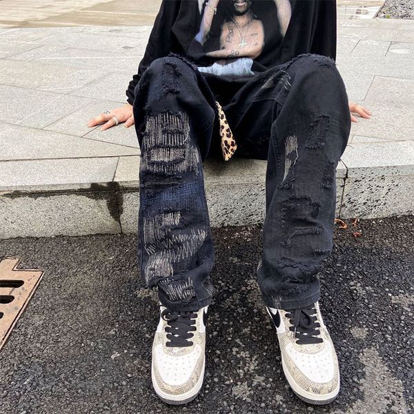 men s pants embroidered patch hole straight jeans men and women stitching jogging pants trend loose wide leg hip hop trousers ins 230220, Black
men s pants embroidered patch hole straight jeans men and women stitching jogging pants trend loose wide leg hip hop trousers ins 230220, Black