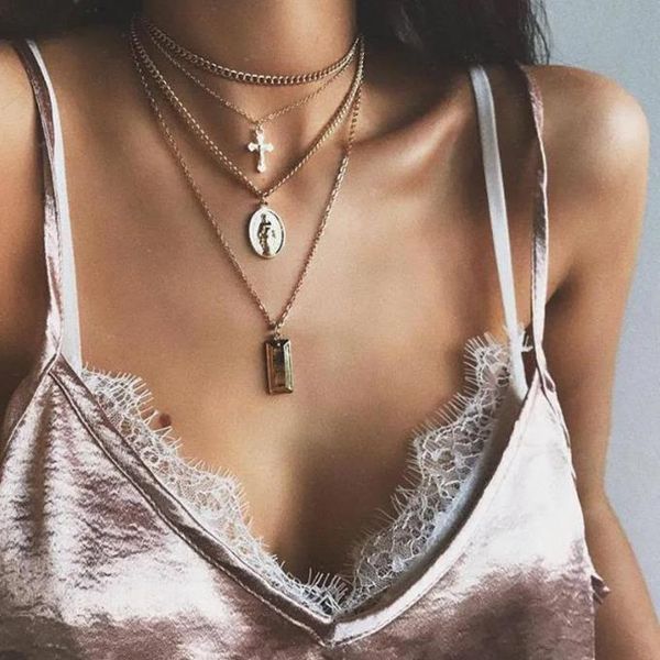 2023 designer vintage women's square cross madonna pendant chain necklace gold multi-layered collarbone necklace delicate necklace set, Silver
2023 designer vintage women's square cross madonna pendant chain necklace gold multi-layered collarbone necklace delicate necklace set, Silver