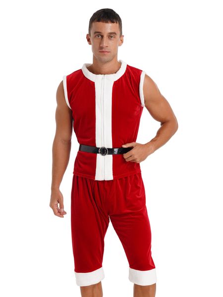 men velvet christmas santa claus costume sleeveless zipper with short pants, White;black
men velvet christmas santa claus costume sleeveless zipper with short pants, White;black