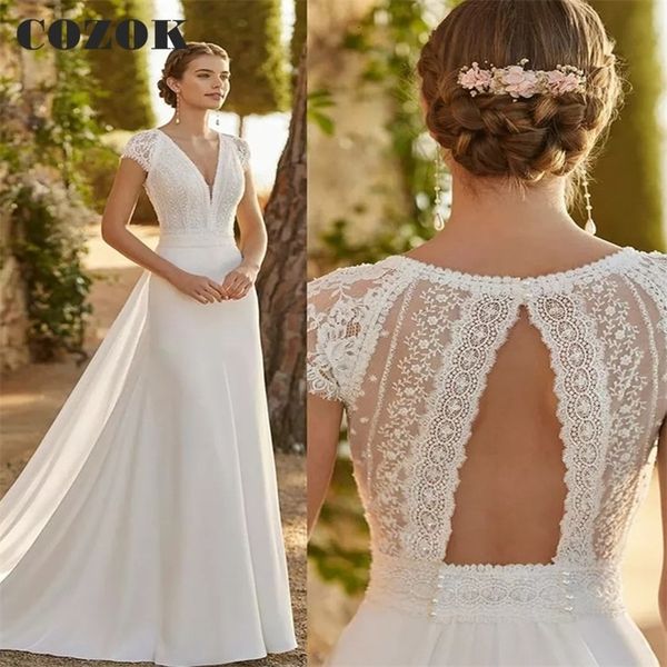 party dresses lvory lace satin v neck modern wedding with detachable train cap sleeves floor length bride gowns vestido de noiva dc68 230217, White;black
party dresses lvory lace satin v neck modern wedding with detachable train cap sleeves floor length bride gowns vestido de noiva dc68 230217, White;black