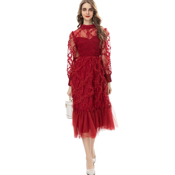 women's runway dresses o neck long sleevves ruffles lace mesh patchwork fashion mid prom vestidos, Black
women's runway dresses o neck long sleevves ruffles lace mesh patchwork fashion mid prom vestidos, Black