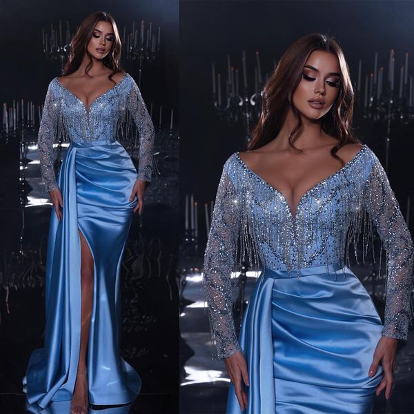 satin blue beads evening dress v neck long sleeve crystal beading mermaid prom dresses side split special occasion robe gowns, Black;red
satin blue beads evening dress v neck long sleeve crystal beading mermaid prom dresses side split special occasion robe gowns, Black;red