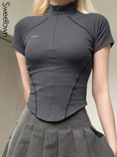 women s t shirt sweetown gray short sleeve stitch invisible zip up turtleneck skinny korean streetwear tees irregular casual t shirt 230220, White
women s t shirt sweetown gray short sleeve stitch invisible zip up turtleneck skinny korean streetwear tees irregular casual t shirt 230220, White