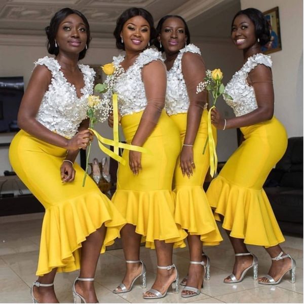african mermaid yellow hi-low bridemaid dresses white floral satin prom dress maid of honor party gowns, White;pink
african mermaid yellow hi-low bridemaid dresses white floral satin prom dress maid of honor party gowns, White;pink