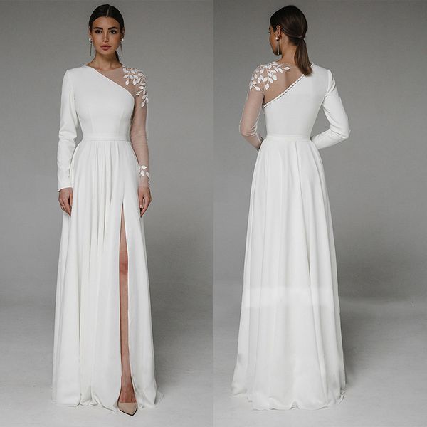 party dresses asymmetrical side slit wedding dress long sleeve civil bridal gown for bride button applique floor length 230221, White;black
party dresses asymmetrical side slit wedding dress long sleeve civil bridal gown for bride button applique floor length 230221, White;black
