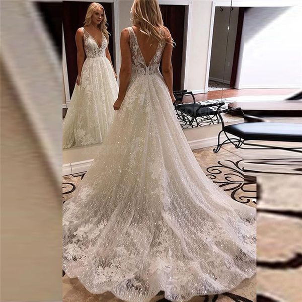 party dresses deep vneck bling aline wedding lace appliques long backless bridal gowns custom made robe de mariee 230221, White;black
party dresses deep vneck bling aline wedding lace appliques long backless bridal gowns custom made robe de mariee 230221, White;black