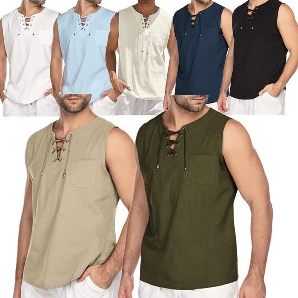 mens sleeveless casual t-shirts cotton linen tank front lace-up vest blouse, White;black
mens sleeveless casual t-shirts cotton linen tank front lace-up vest blouse, White;black