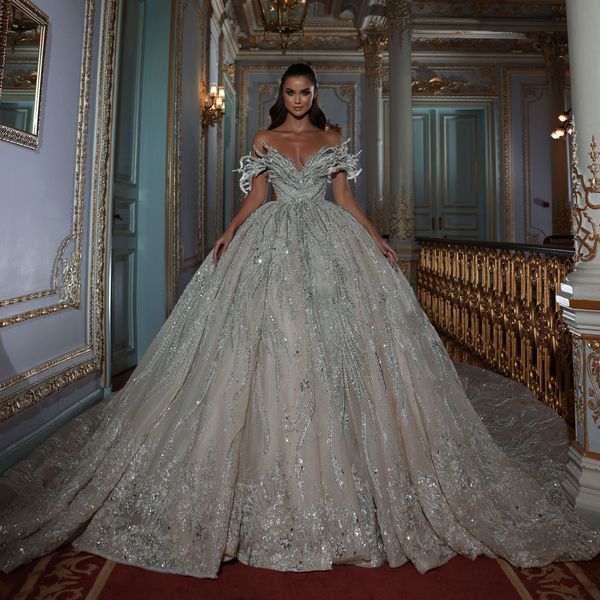 luxury ball gown wedding dresses appliques v neck sleeveless off shoulder sparkly sequins ruffles appliques floor length beaded formal dress, White
luxury ball gown wedding dresses appliques v neck sleeveless off shoulder sparkly sequins ruffles appliques floor length beaded formal dress, White