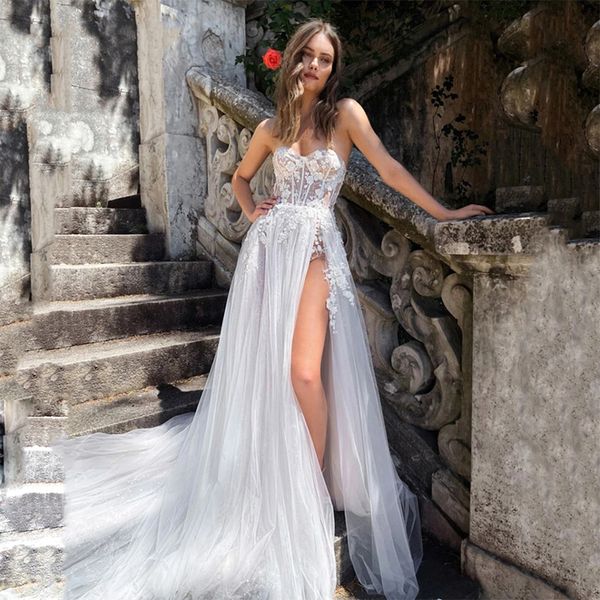 party dresses princess aline lace appliques beach wedding dress for women bohemian side slit robe de marefloor length sweetheart sleeveless, White;black
party dresses princess aline lace appliques beach wedding dress for women bohemian side slit robe de marefloor length sweetheart sleeveless, White;black